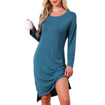 Women's Nightgown Long Sleeve Slit High Low Hem Rayon Built in Bra with Pockets Sleepdress Nightwear