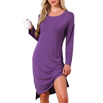 Women's Nightgown Long Sleeve Slit High Low Hem Rayon Built in Bra with Pockets Sleepdress Nightwear