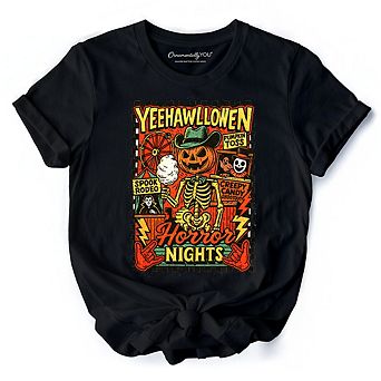 Yee Haw Halloween Retro Pumpkin Skeleton T-Shirt, Spooky Country Western Tee for Fall