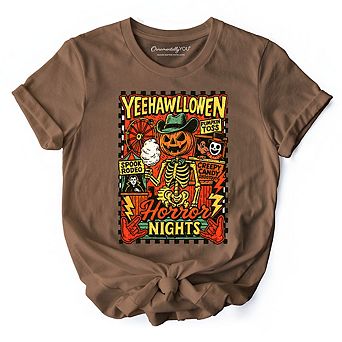 Yee Haw Halloween Retro Pumpkin Skeleton T-Shirt, Spooky Country Western Tee for Fall