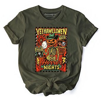 Yee Haw Halloween Retro Pumpkin Skeleton T-Shirt, Spooky Country Western Tee for Fall