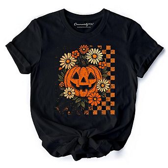 Checkered Floral Pumpkin T-Shirt, Retro Preppy Halloween Tee for Spooky Season Vibes