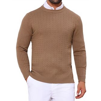 Men's Slim Fit Crew Neck Long Sleeve Soft Twist Textured Cable Knit Pullover Sweater