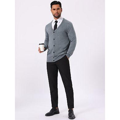 Men's V Neck Long Sleeved Button Down Knit Cardigan Sweaters with Pockets