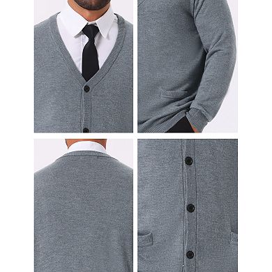 Men's V Neck Long Sleeved Button Down Knit Cardigan Sweaters with Pockets