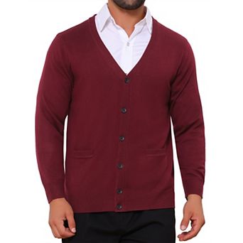 Men's V Neck Long Sleeved Button Down Knit Cardigan Sweaters with Pockets