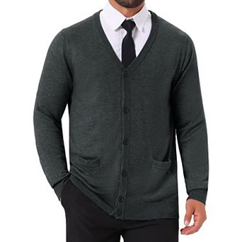 Men's V Neck Long Sleeved Button Down Knit Cardigan Sweaters with Pockets