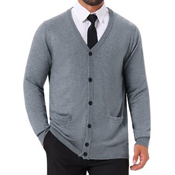 Men's V Neck Long Sleeved Button Down Knit Cardigan Sweaters with Pockets