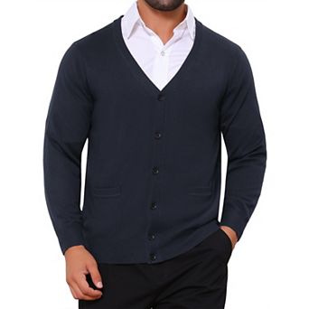 Men's V Neck Long Sleeved Button Down Knit Cardigan Sweaters with Pockets