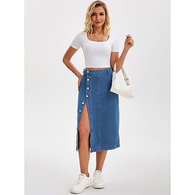 Women Denim Midi Skirt High Waisted Button Up Casual Slit Jean