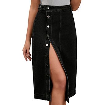 Women Denim Midi Skirt High Waisted Button Up Casual Slit Jean Skirts