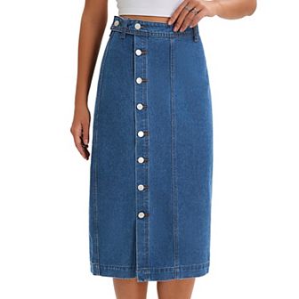 Women Denim Midi Skirt High Waisted Button Up Casual Slit Jean Skirts