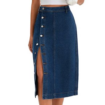 Women Denim Midi Skirt High Waisted Button Up Casual Slit Jean Skirts