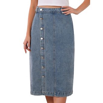 Women Denim Midi Skirt High Waisted Button Up Casual Slit Jean Skirts