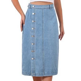 Women Denim Midi Skirt High Waisted Button Up Casual Slit Jean Skirts