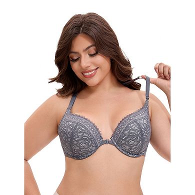 Women's Lace Front Closure Push Up Underwire Backless Bras