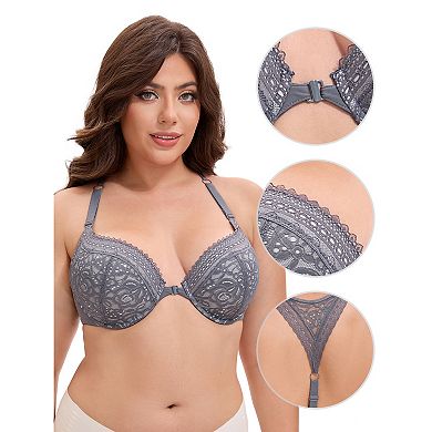 Women's Lace Front Closure Push Up Underwire Backless Bras