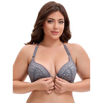 Women's Lace Front Closure Push Up Underwire Backless Bras