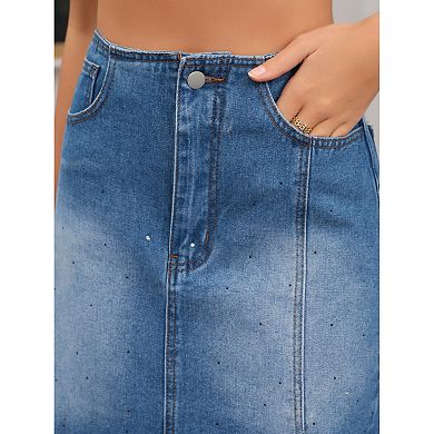 Women's Denim Skirt Side Split Rhinestones High Waist Stretchy Pencil Midi Jean Skirts