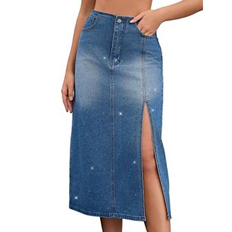 Women's Denim Skirt Side Split Rhinestones High Waist Stretchy Pencil Midi Jean Skirts