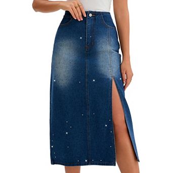Women's Denim Skirt Side Split Rhinestones High Waist Stretchy Pencil Midi Jean Skirts