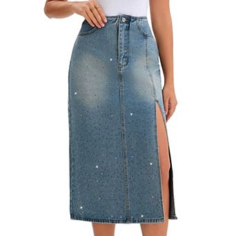 Women's Denim Skirt Side Split Rhinestones High Waist Stretchy Pencil Midi Jean Skirts