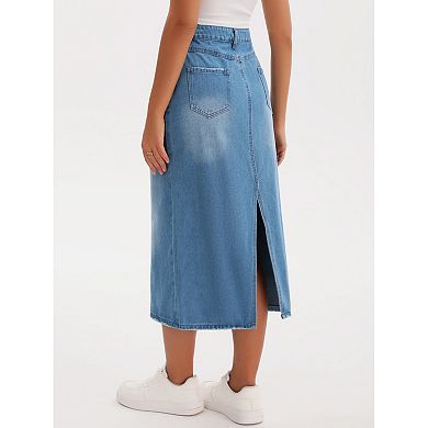 Women's Denim Skirt Stretch High Waisted Split Back Pockets Casual Pencil Midi Jean Skirts