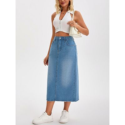 Women's Denim Skirt Stretch High Waisted Split Back Pockets
