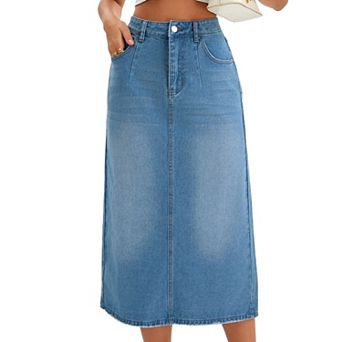 Women's Denim Skirt Stretch High Waisted Split Back Pockets Casual Pencil Midi Jean Skirts