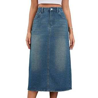 Women's Denim Skirt Stretch High Waisted Split Back Pockets Casual Pencil Midi Jean Skirts