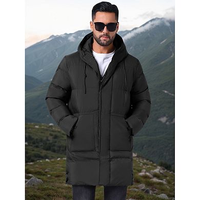 Men's Mid-Length Warm Outerwear Zipper Winter Quilted Hooded Padded Coat
