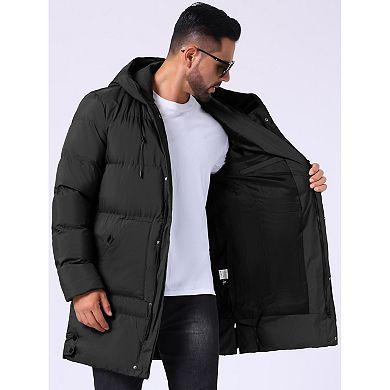 Men's Mid-Length Warm Outerwear Zipper Winter Quilted Hooded Padded Coat