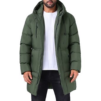 Men's Mid-Length Warm Outerwear Zipper Winter Quilted Hooded Padded Coat