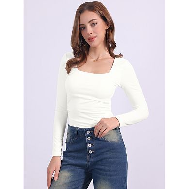 Women's Square Neck Tops Long Sleeve Shirred Fitted Stretch Casual Basic Blouse