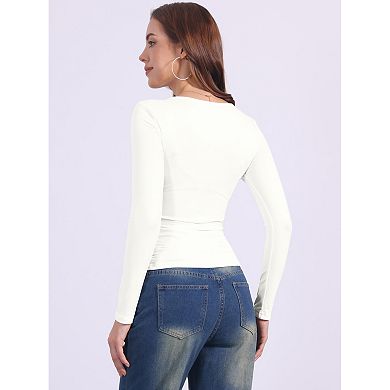 Women's Square Neck Tops Long Sleeve Shirred Fitted Stretch Casual Basic Blouse