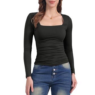 Women's Square Neck Tops Long Sleeve Shirred Fitted Stretch Casual Basic Blouse