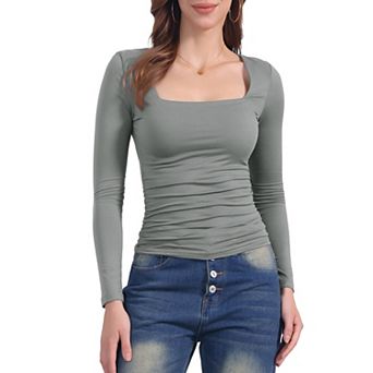 Women's Square Neck Tops Long Sleeve Shirred Fitted Stretch Casual Basic Blouse