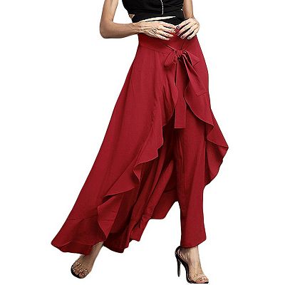 Women Ruffle High Waist Pants Skirt Split Long Maxi Palazzo