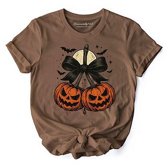 Pumpkin Cherries Coquette Bow T-Shirt, Retro Halloween Fall Season Tee for Sweet Autumn Girls