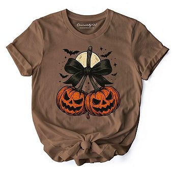 Pumpkin Cherries Coquette Bow T-Shirt, Retro Halloween Fall Season Tee for Sweet Autumn Girls