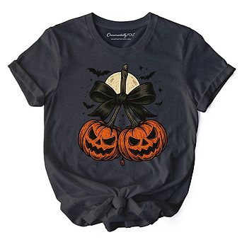 Pumpkin Cherries Coquette Bow T-Shirt, Retro Halloween Fall Season Tee for Sweet Autumn Girls