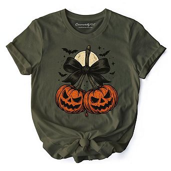 Pumpkin Cherries Coquette Bow T-Shirt, Retro Halloween Fall Season Tee for Sweet Autumn Girls