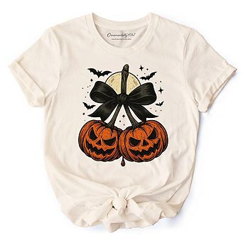 Pumpkin Cherries Coquette Bow T-Shirt, Retro Halloween Fall Season Tee for Sweet Autumn Girls