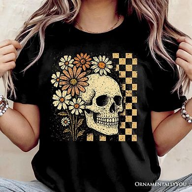Checkered Floral Skeleton T-Shirt, Vintage Skull Daisy Halloween Tee