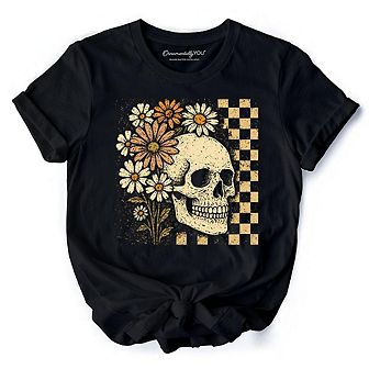 Checkered Floral Skeleton T-Shirt, Vintage Skull Daisy Halloween Tee