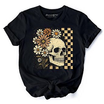 Checkered Floral Skeleton T-Shirt, Vintage Skull Daisy Halloween Tee