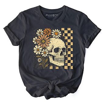 Checkered Floral Skeleton T-Shirt, Vintage Skull Daisy Halloween Tee
