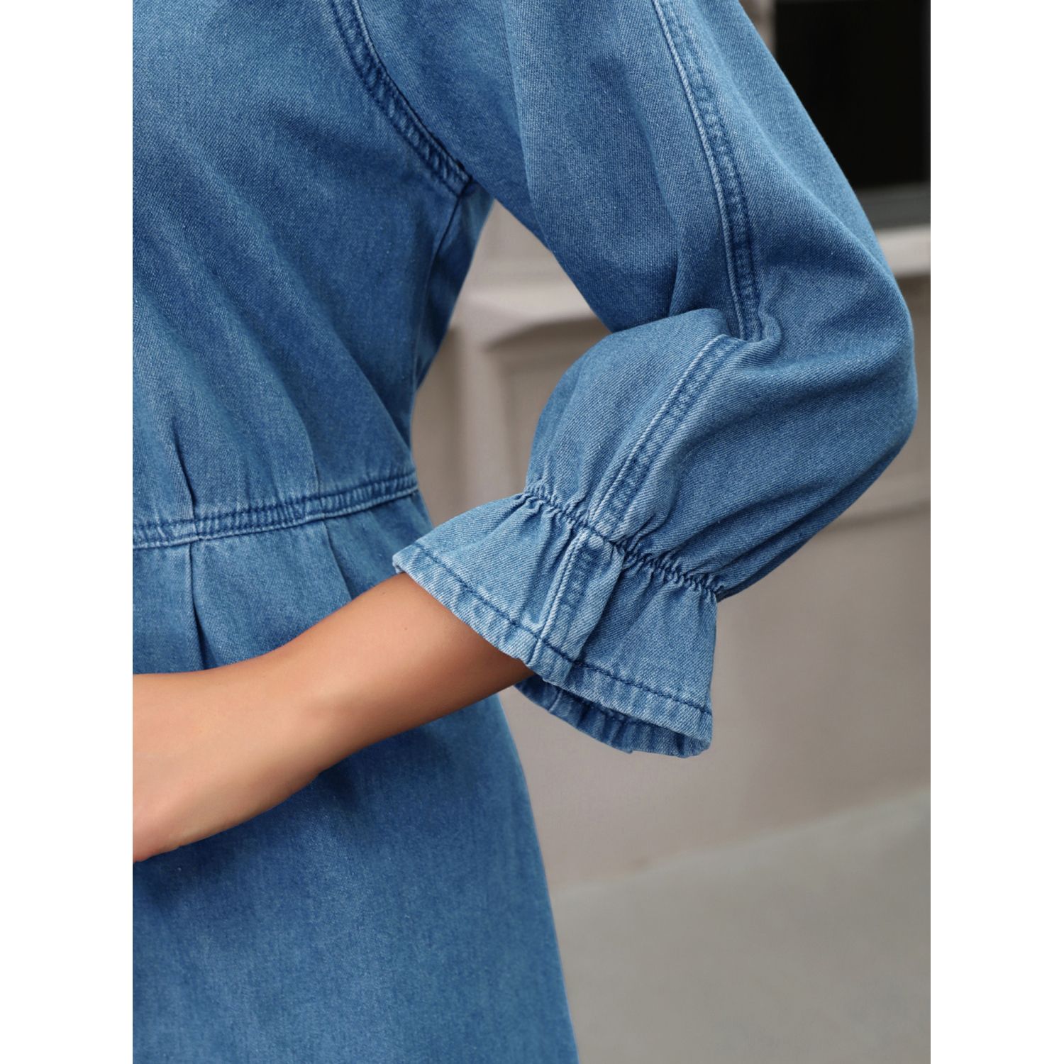 slim fit dress slacks Summer Chic: Women's Denim Dress with Bell Sleeves and Ruffle Hem
