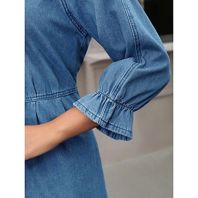 Women Denim Dresses Midi Casual Ruffle Long Sleeve Jean Button Down Shirt  Dress