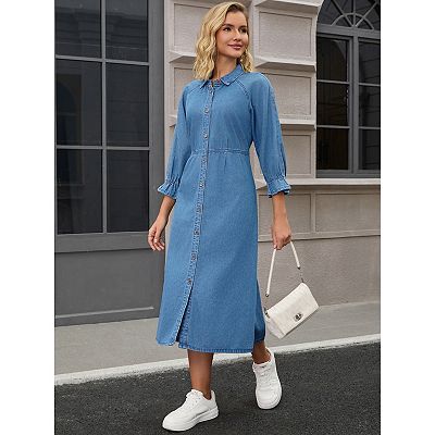 white christmas dresses Denim Tiered Button Down Maxi Dress Small main image 0